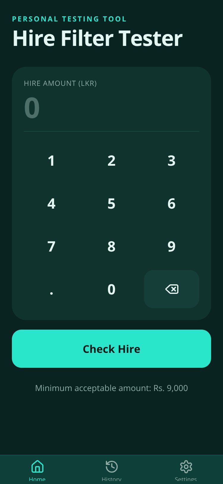 Hire Filter Tester screen 2