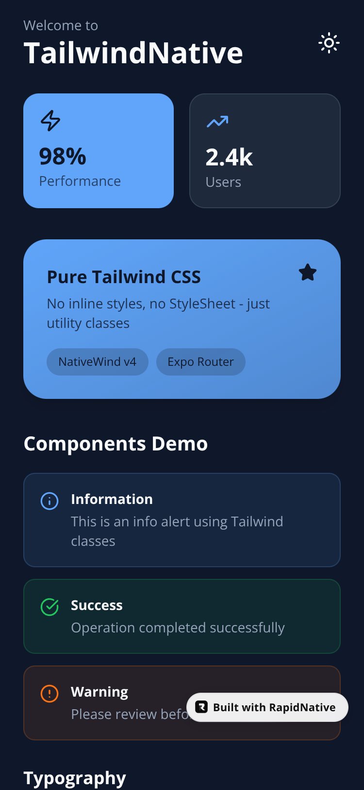 TailwindNative Demo screen 1