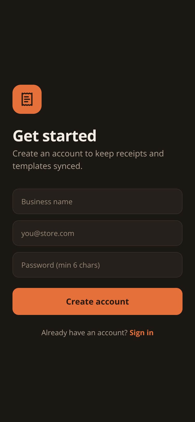 ReceiptFlow screen 1