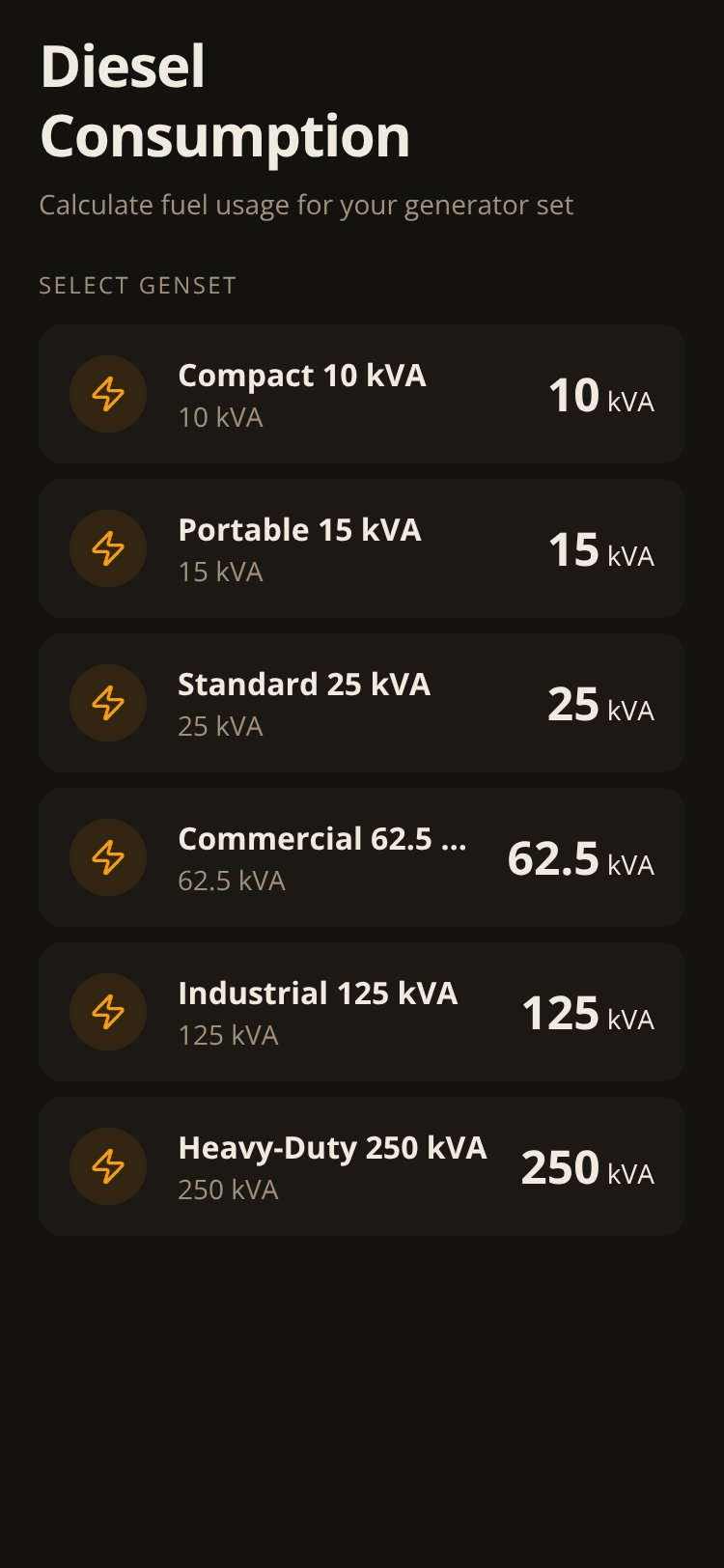 Genset Fuel Calc screen 1