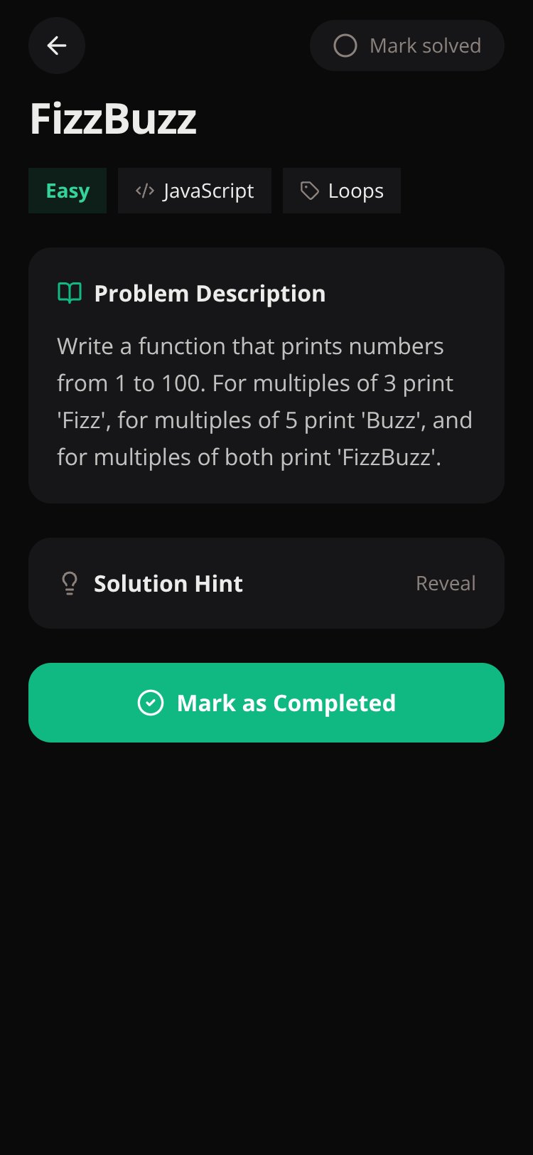 Code Challenges screen 1