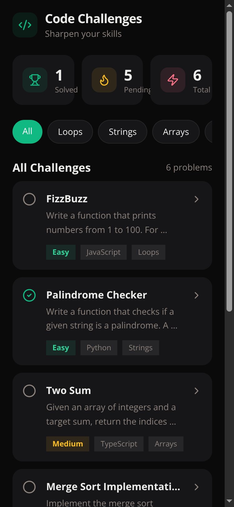 Code Challenges screen 2