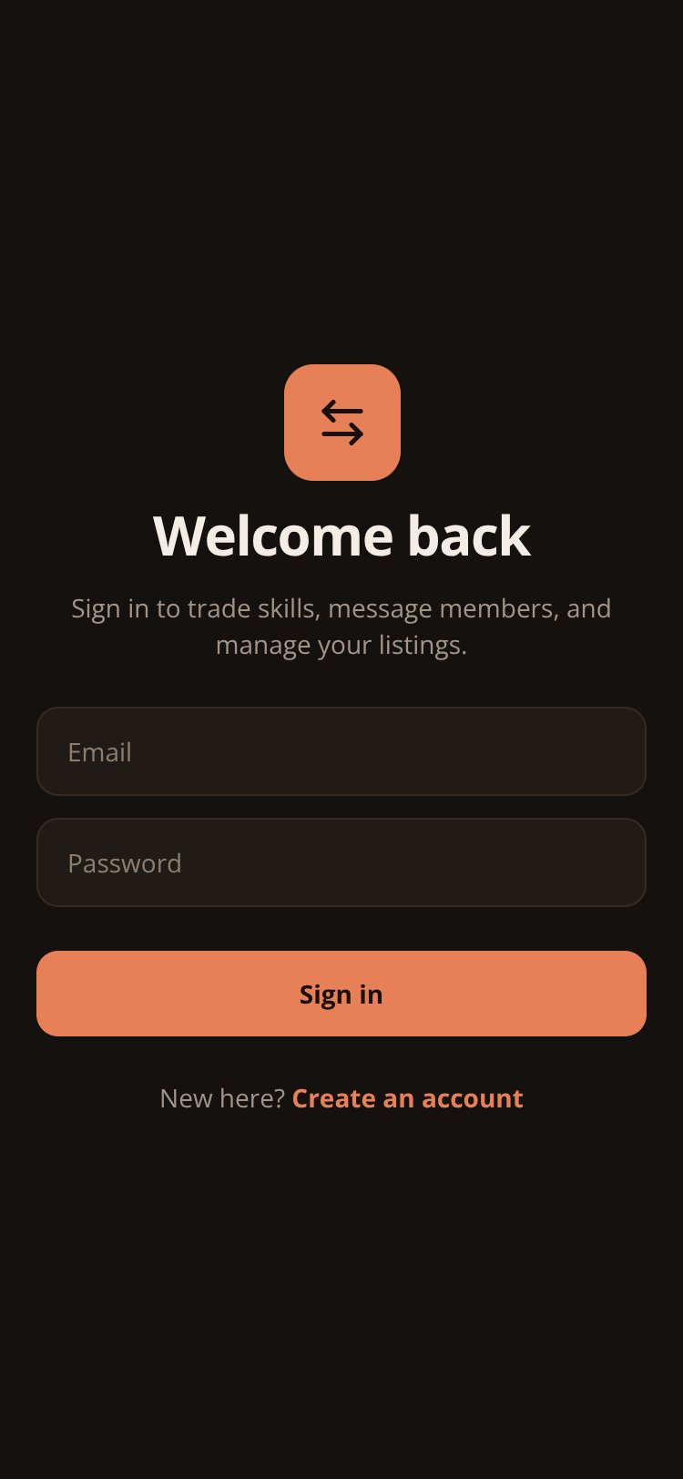 SkillSwap screen 1