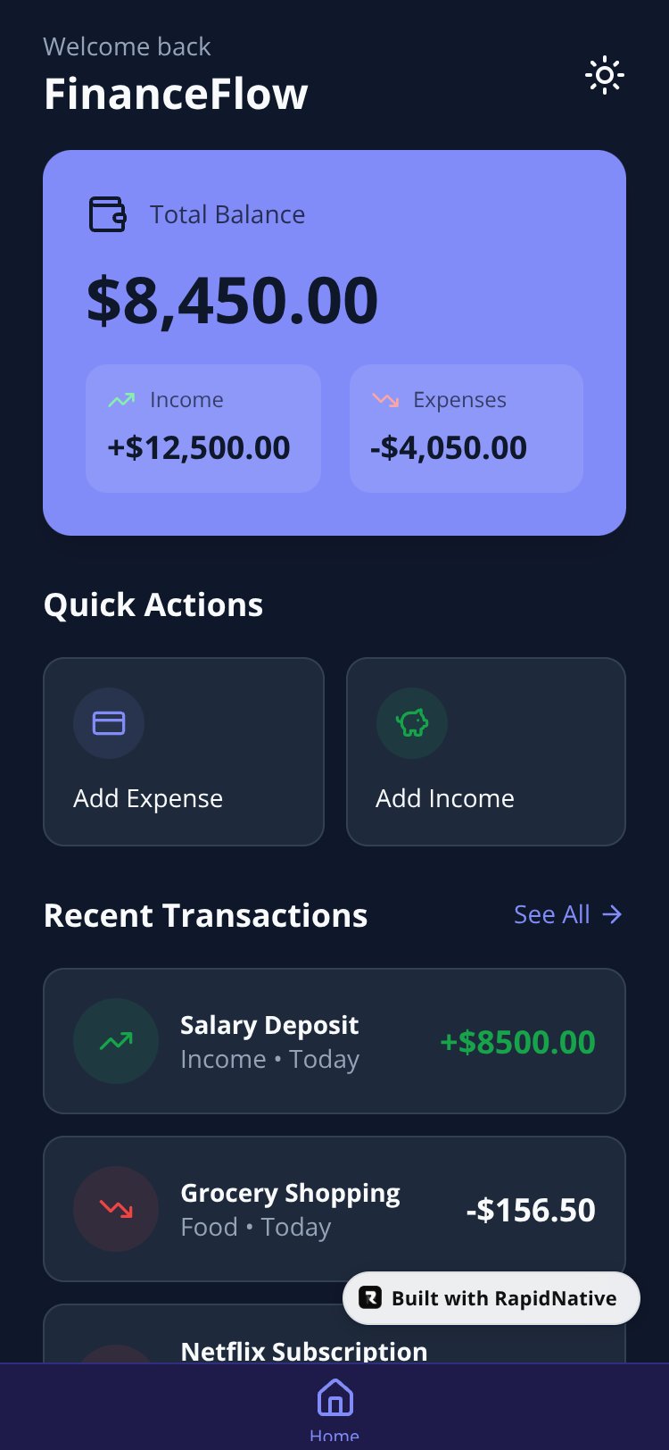 FinanceFlow screen 1