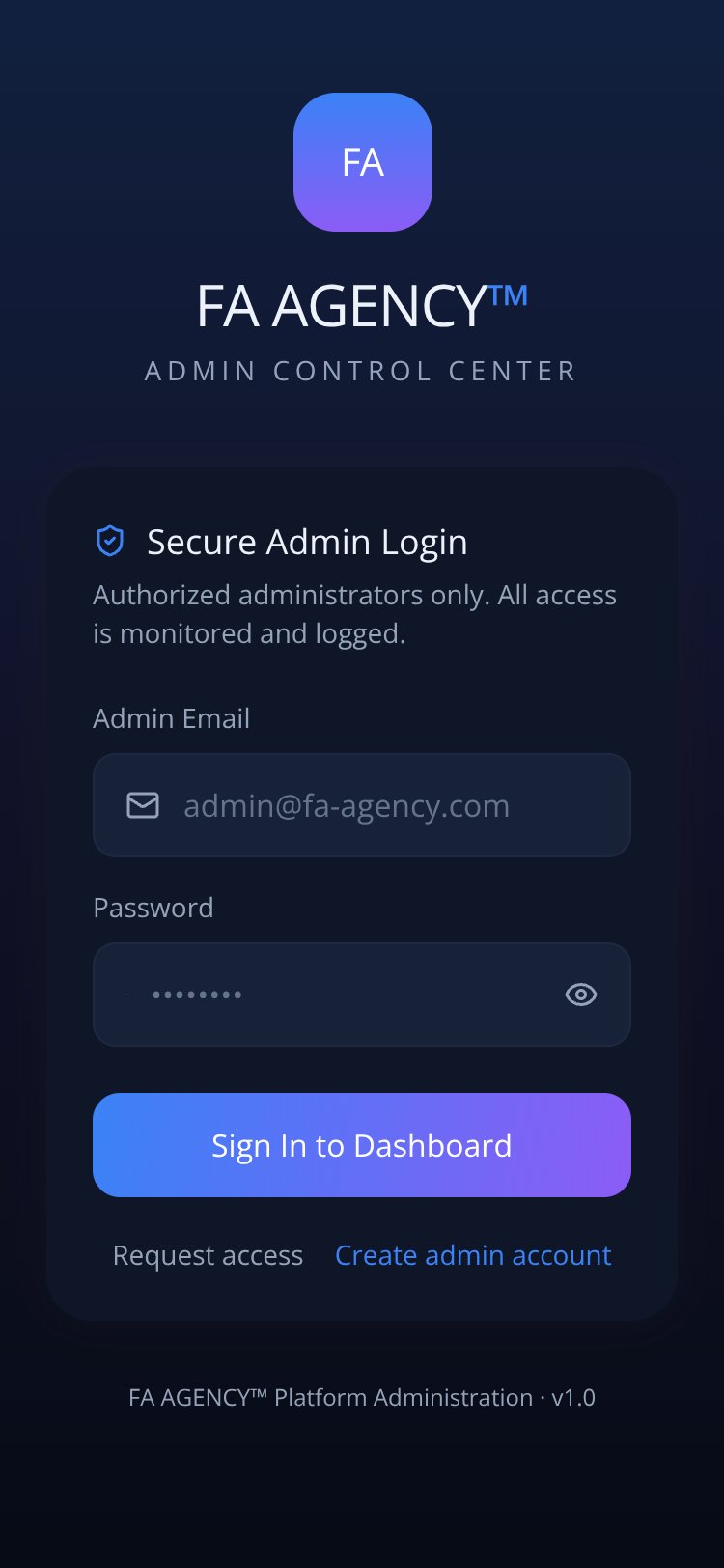 FA AGENCY™ Admin screen 1