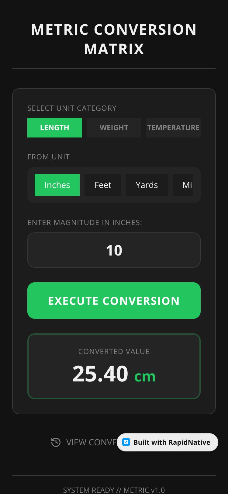 Metric Conversion Matrix screen 1
