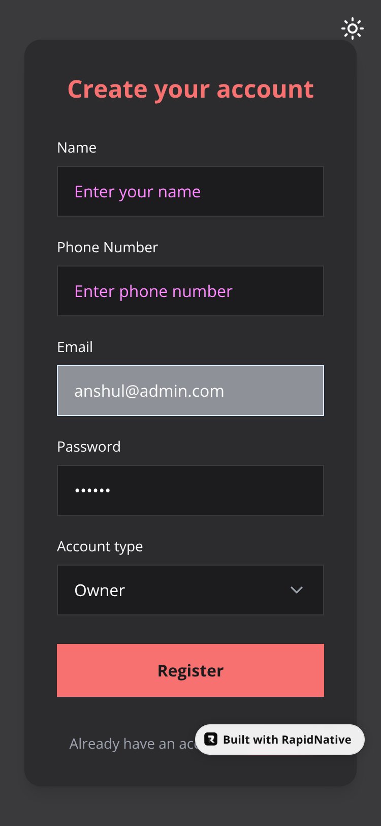 Account Registration screen 1