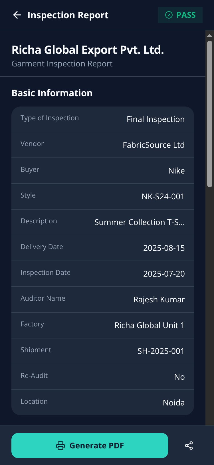 Richa Global Inspection screen 3
