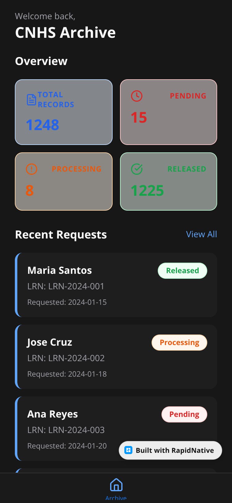 CNHS Form 137 Archive System screen 1