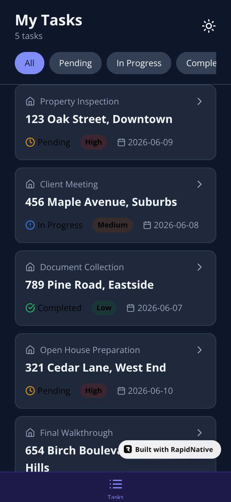RealEstate Tasks screen 1