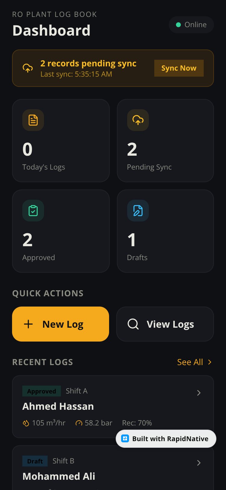 RO Plant Log Book screen 2