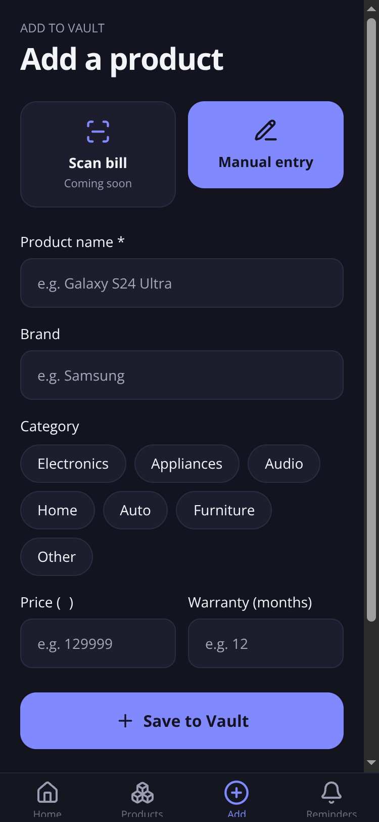 WarrantyVault screen 1