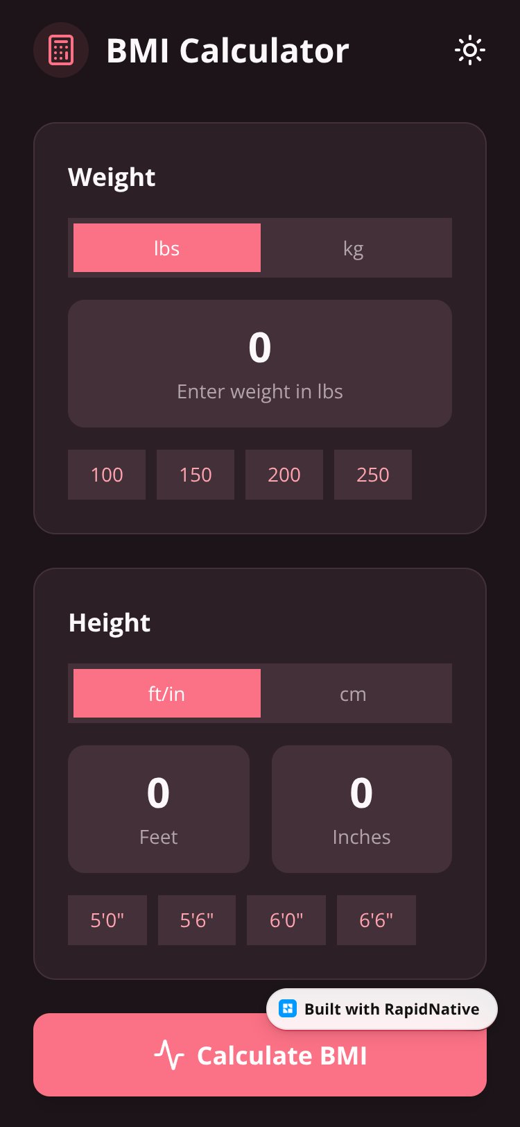 BMI Calculator screen 1