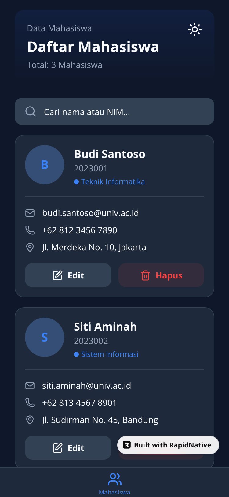 Mahasiswa Manager screen 1