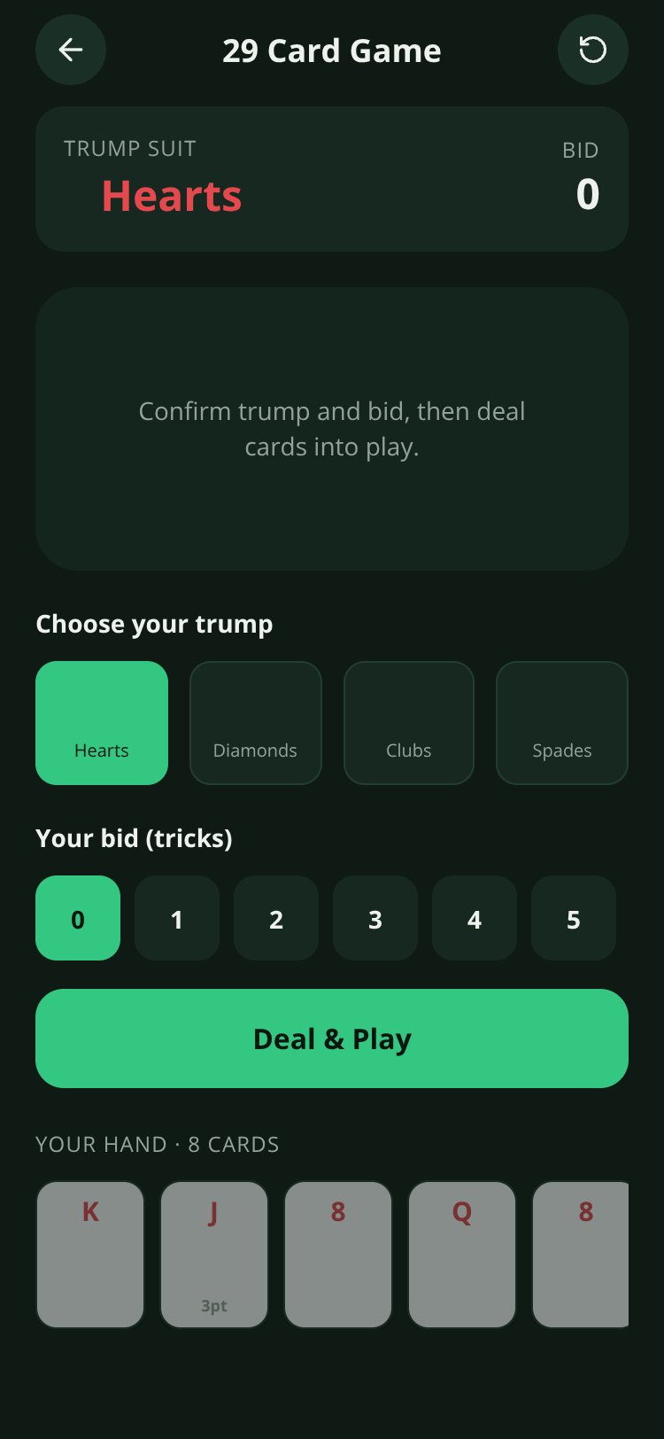 29 Card Game screen 1