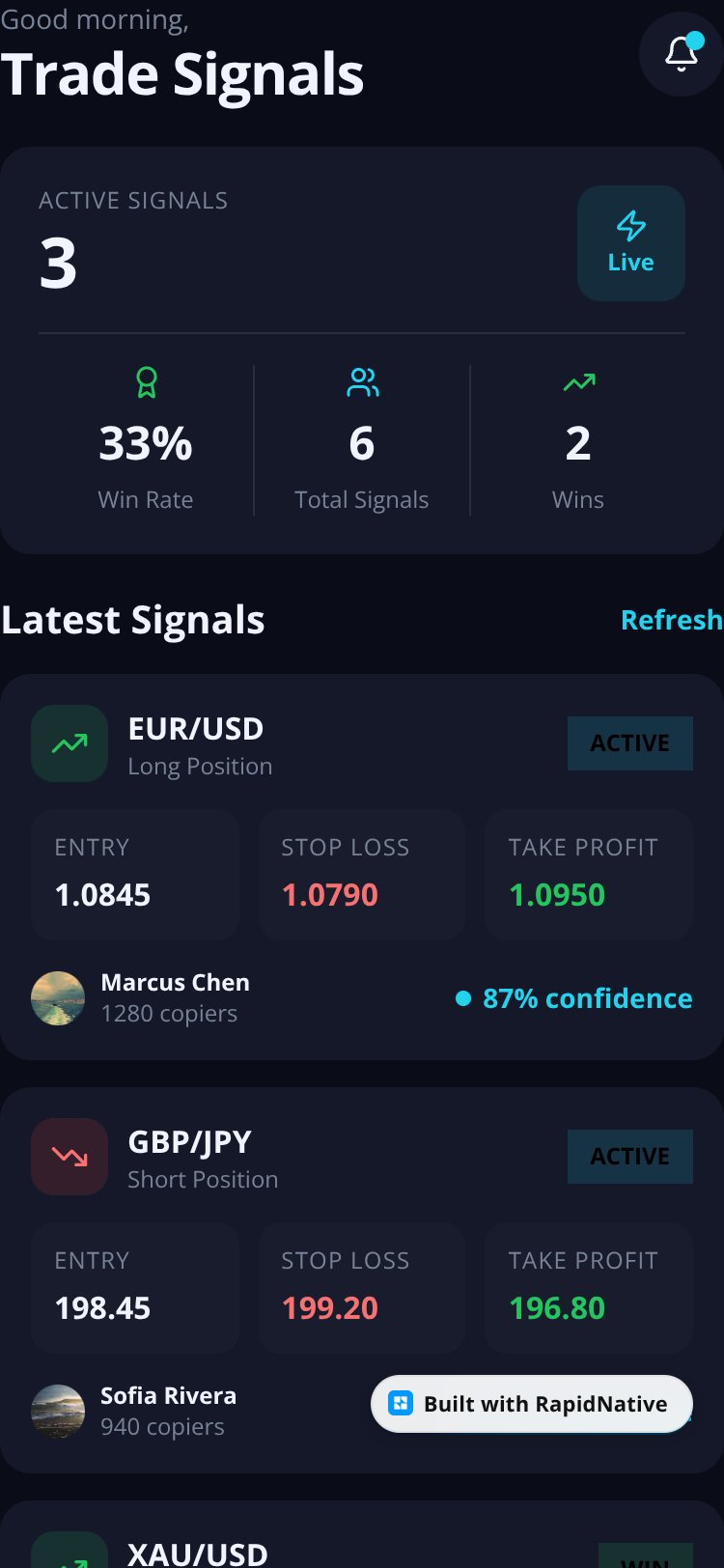 CopyTrade Signals screen 2