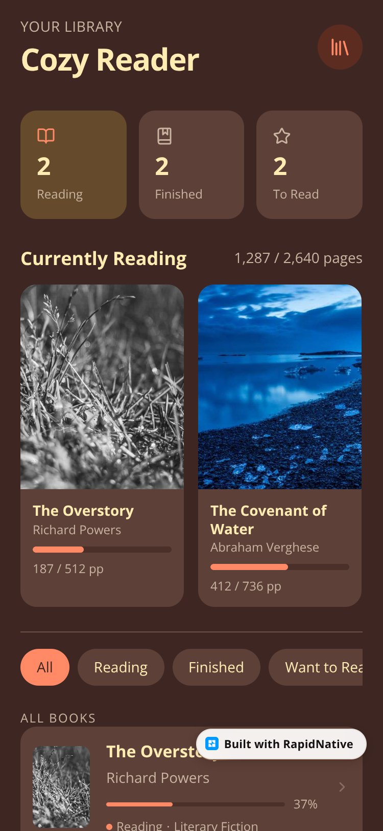 a reading tracking app. screen 2