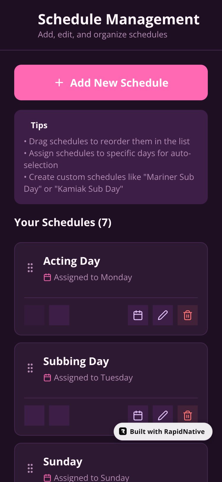 Julia's Schedule screen 2