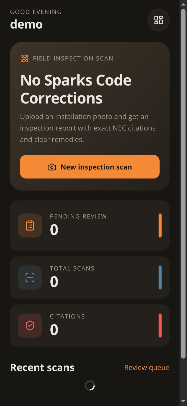 No Sparks Code Corrections screen 1