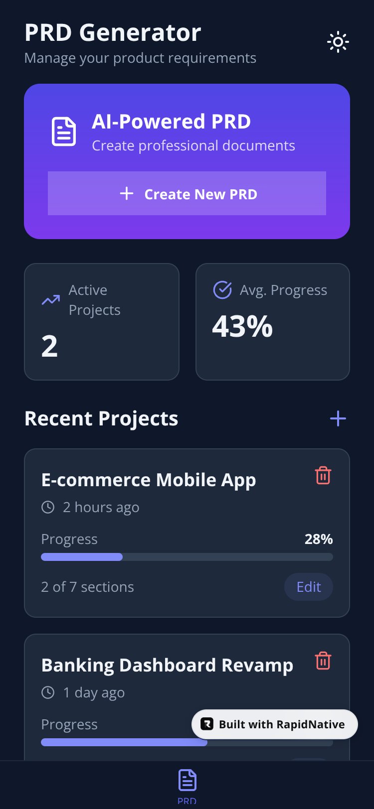 PRD Generator and Checklist App screen 1