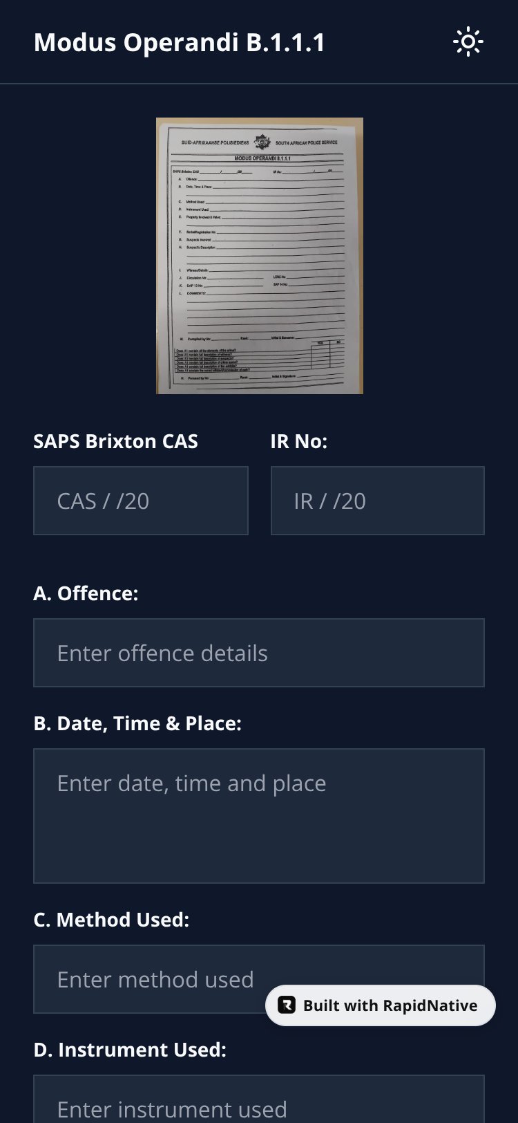 SAPS Modus Operandi Form screen 1