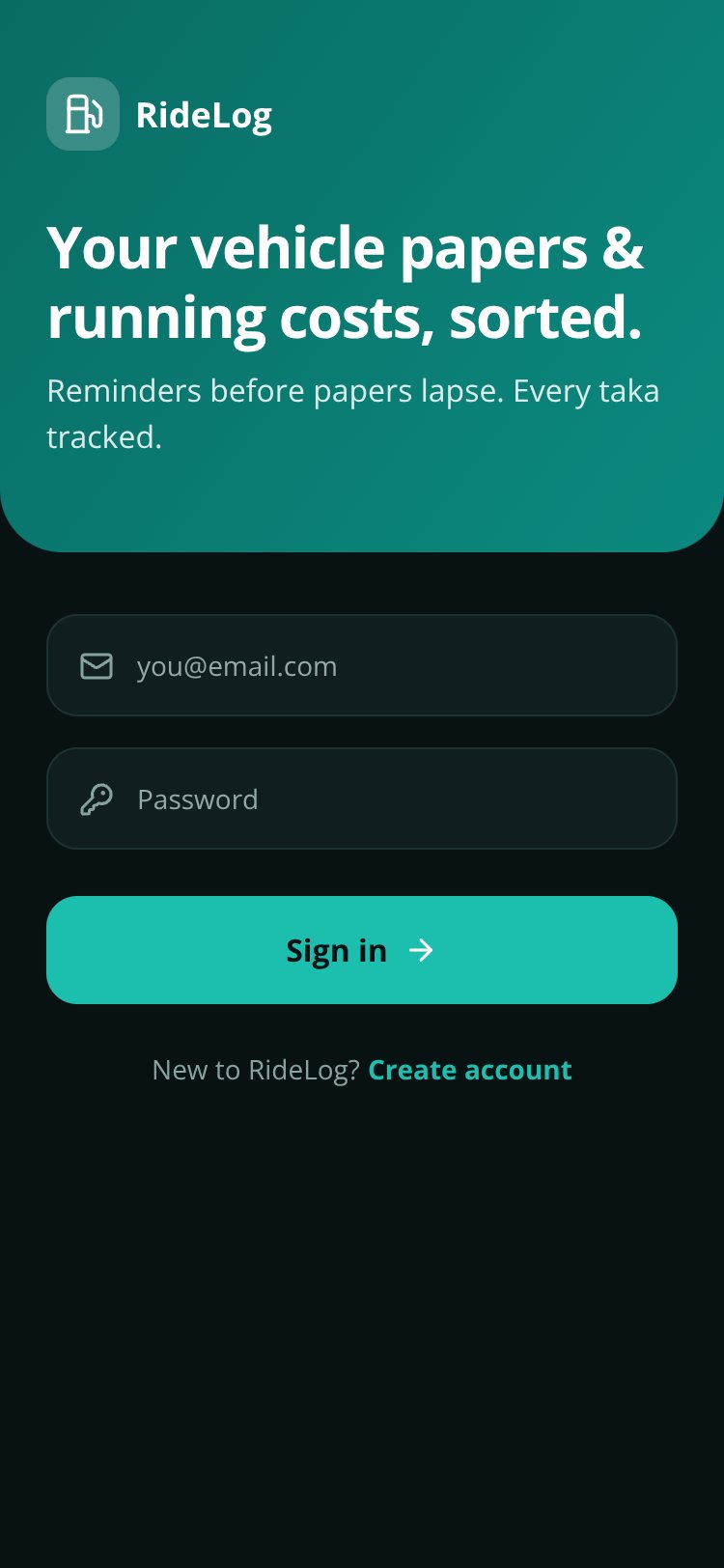 RideLog screen 1