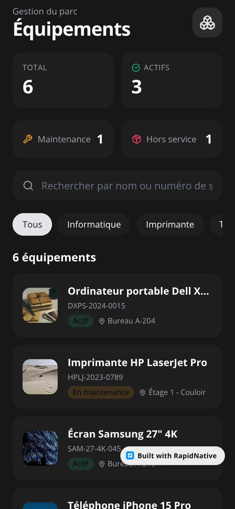 EquipTrack screen 1