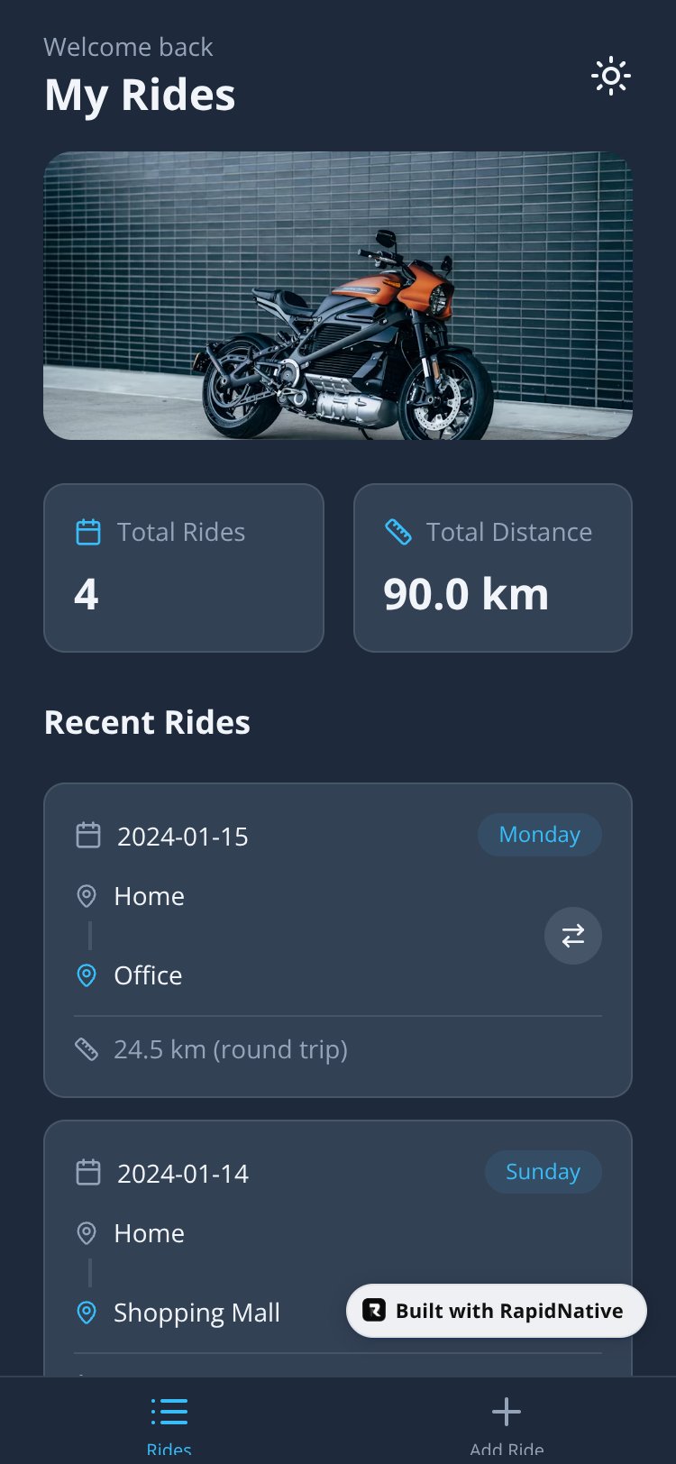 RideTracker screen 1