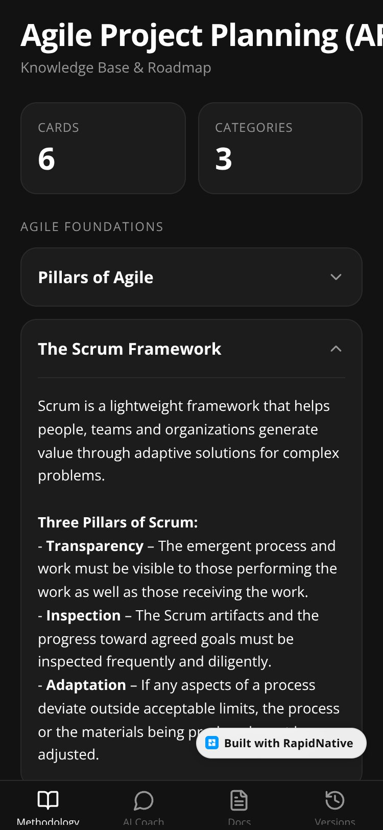 Agile Project Planning (APP) screen 1