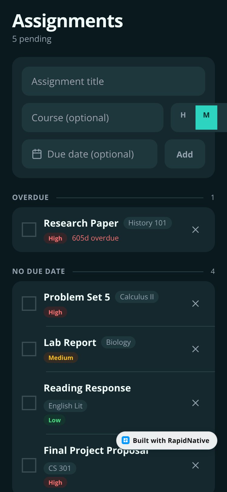 Assignment Tracker screen 1