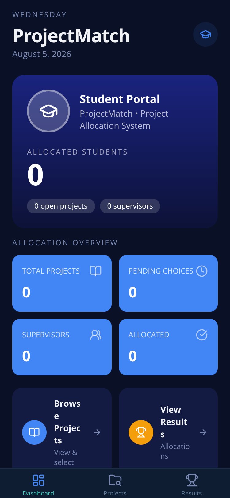 ProjectMatch screen 1