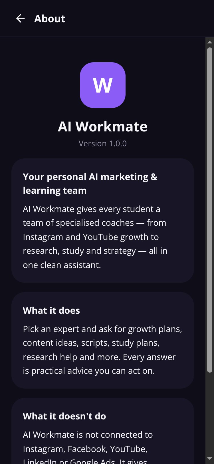 AI Workmate screen 1