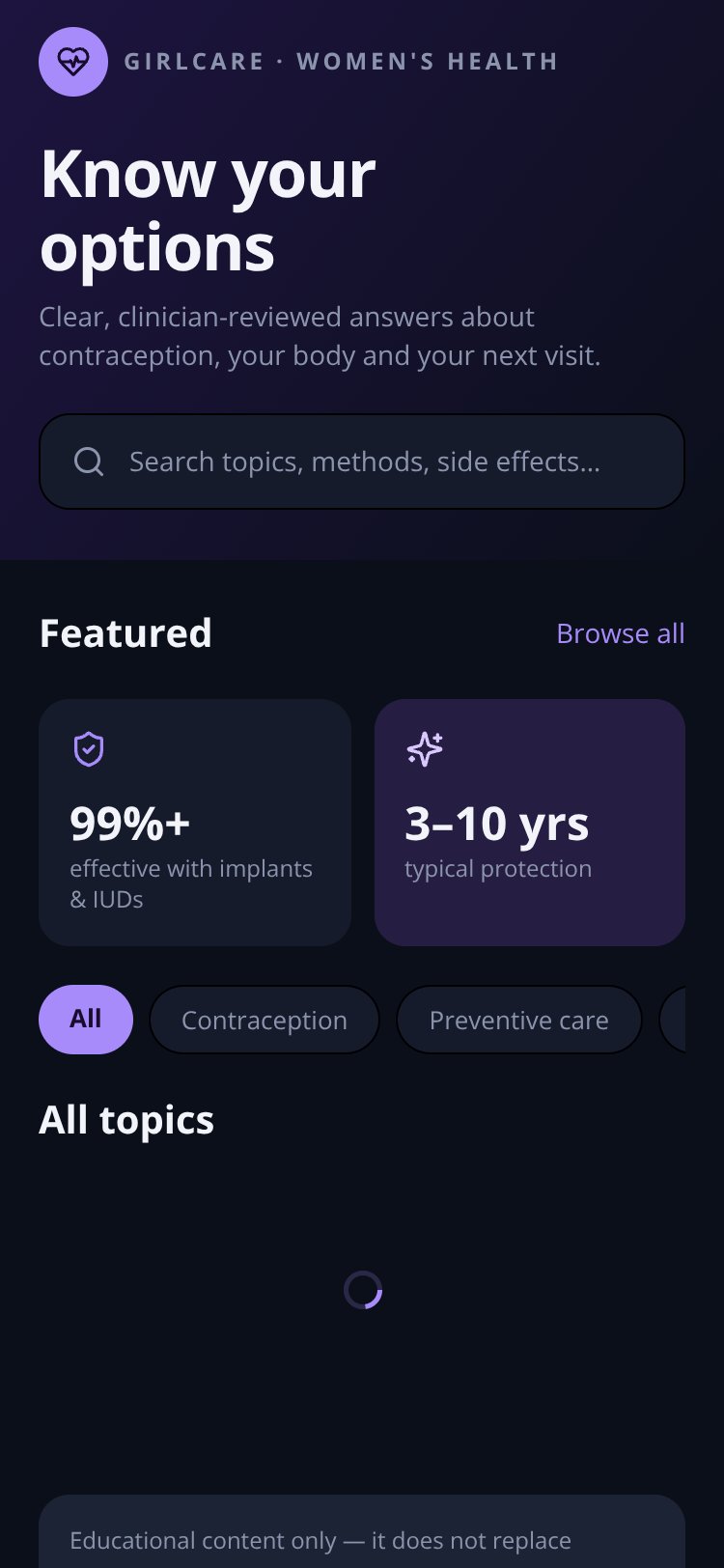 GirlCare screen 2