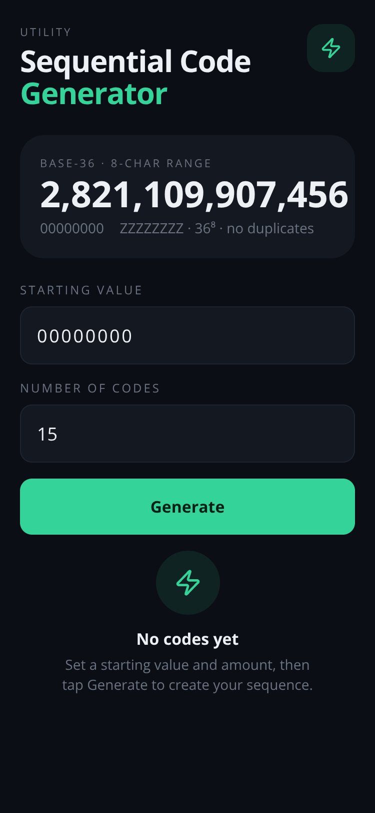 Sequential Code Generator screen 1
