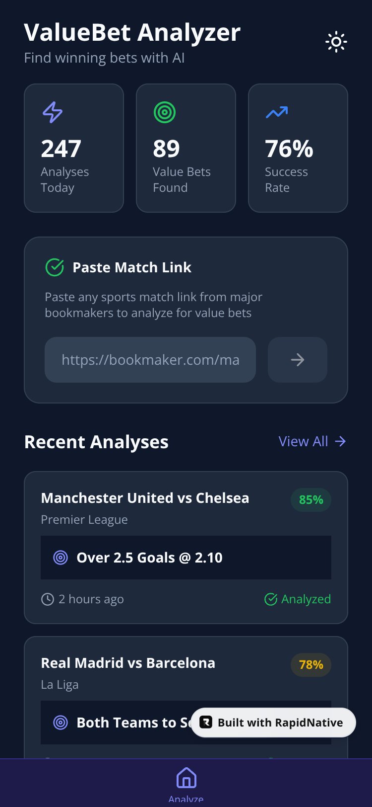 ValueBet Analyzer screen 1