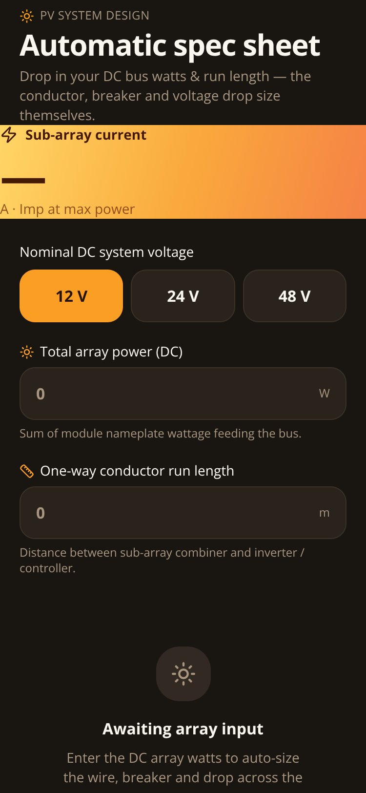 GVSolar Wiring Calc screen 1