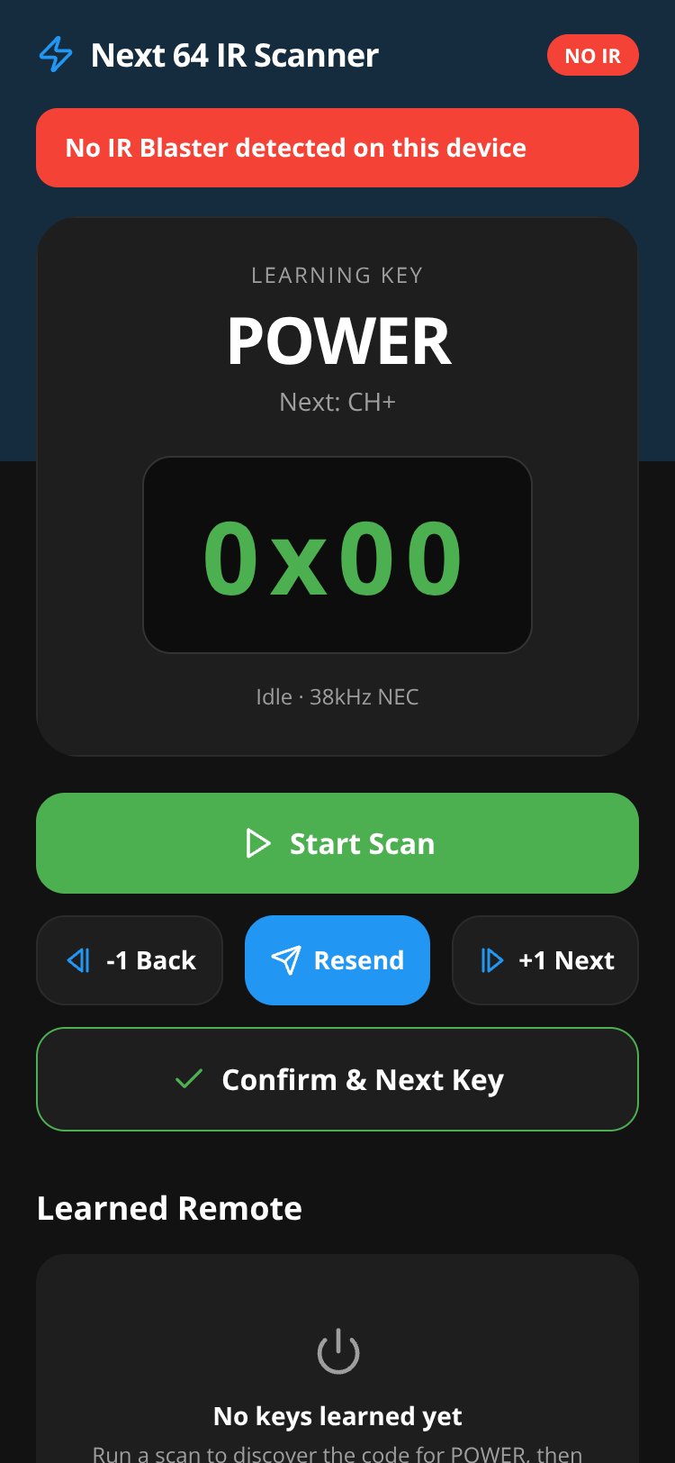 Next 64 IR Scanner screen 1