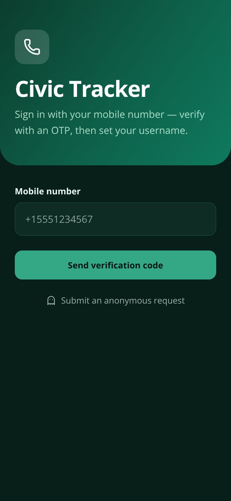 Civic Tracker screen 1
