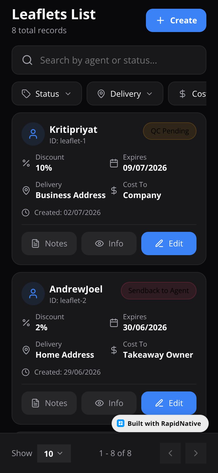 Leaflets Manager screen 1