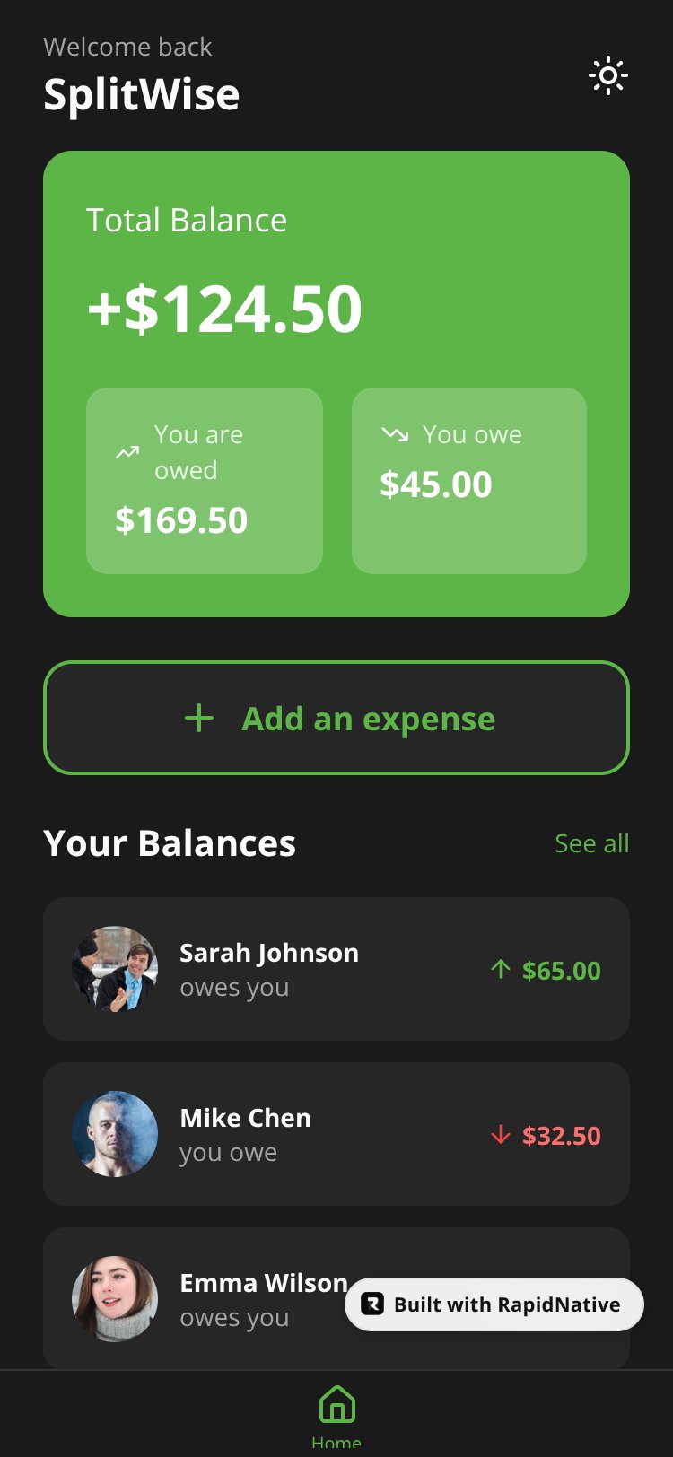 SplitWise Clone screen 1