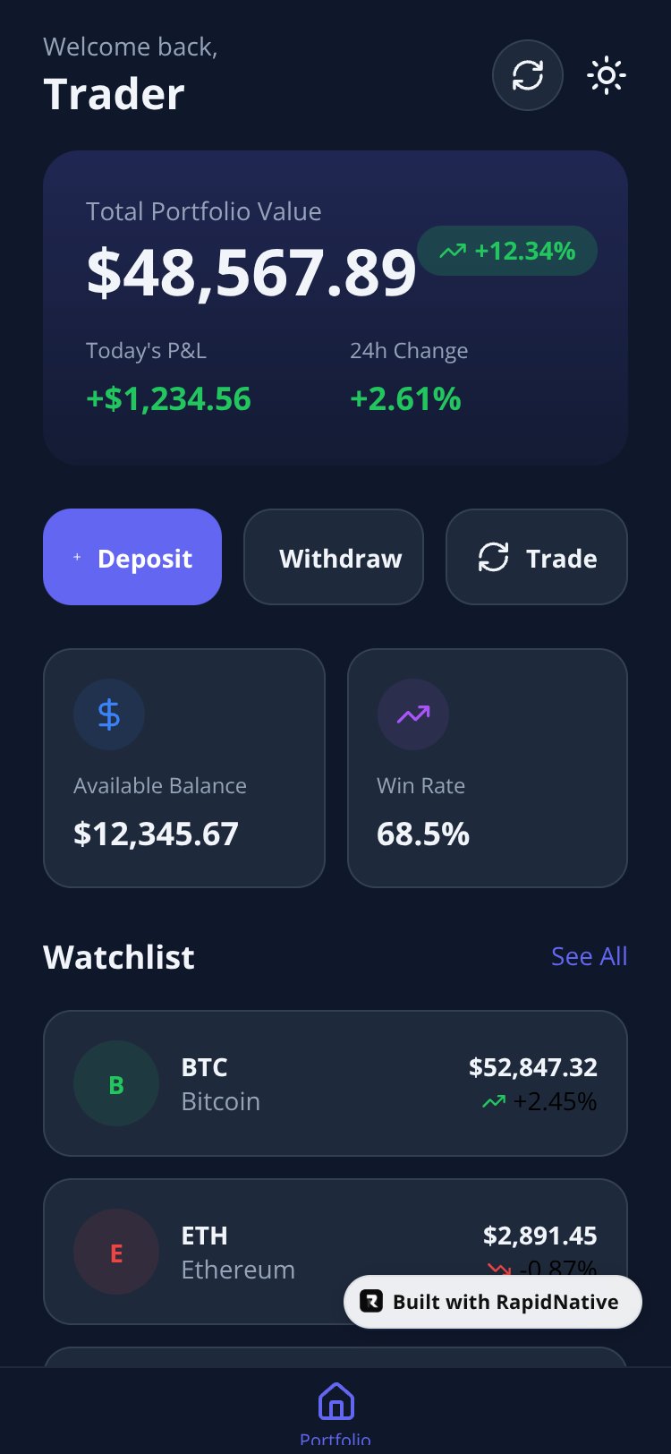 TradingDash screen 1