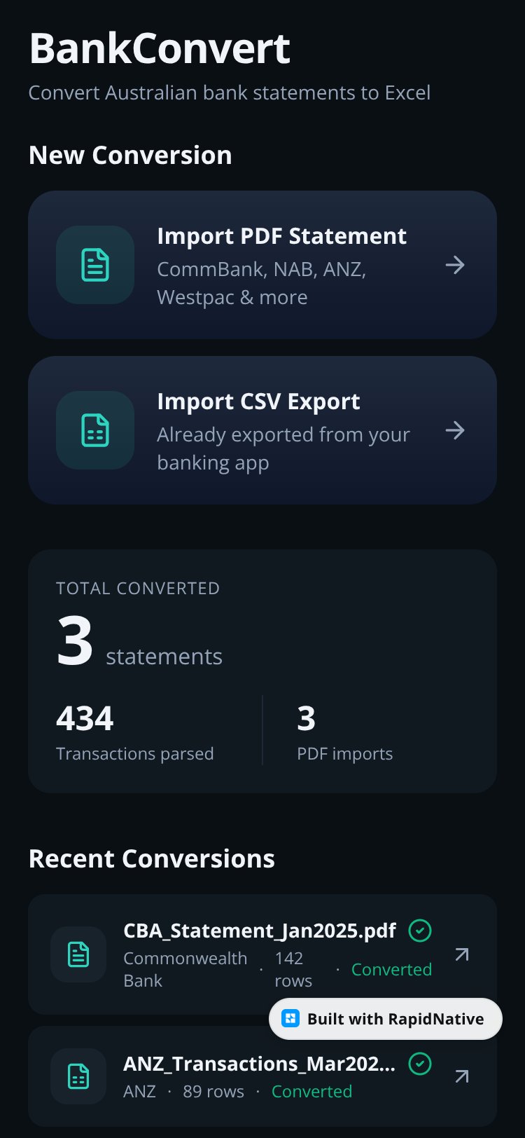 BankConvert screen 1