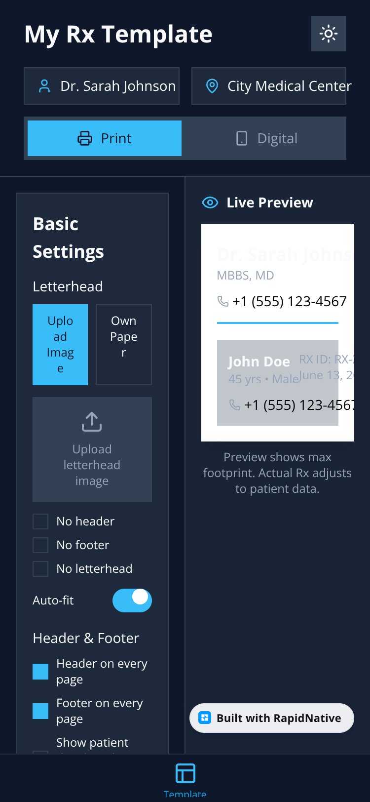 My Rx Template screen 1