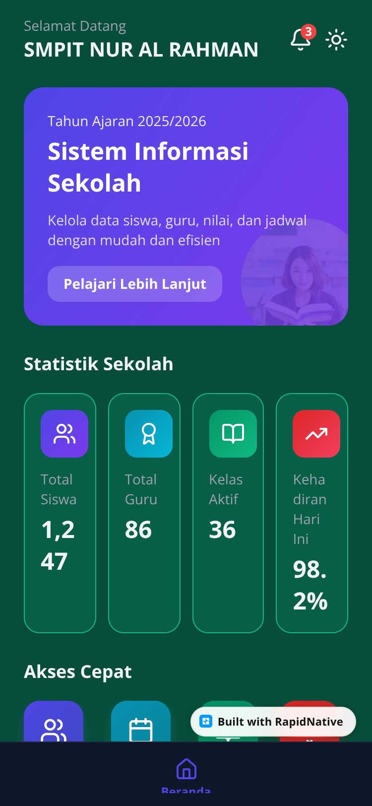 SMPIT NUR AL RAHMAN School Information System screen 2