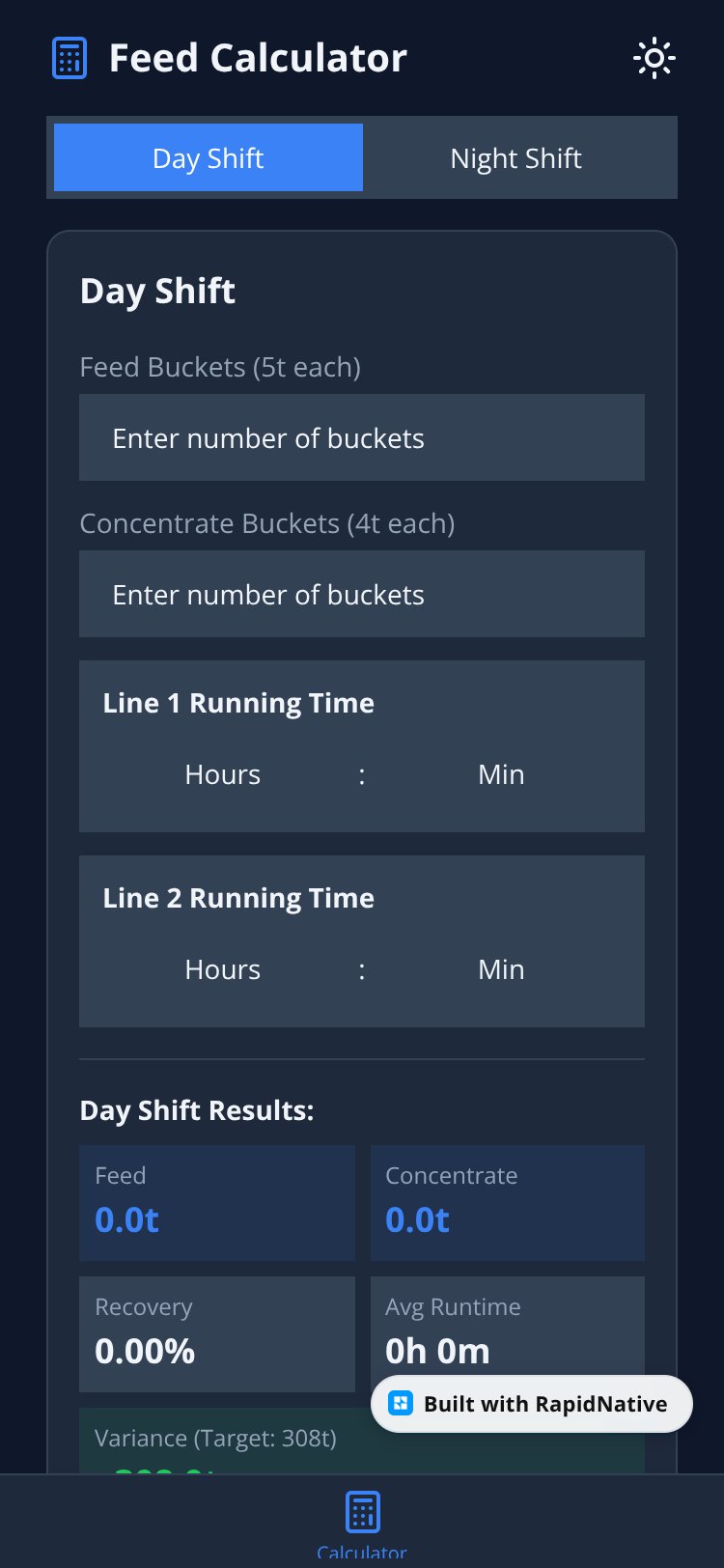FeedCalc screen 1