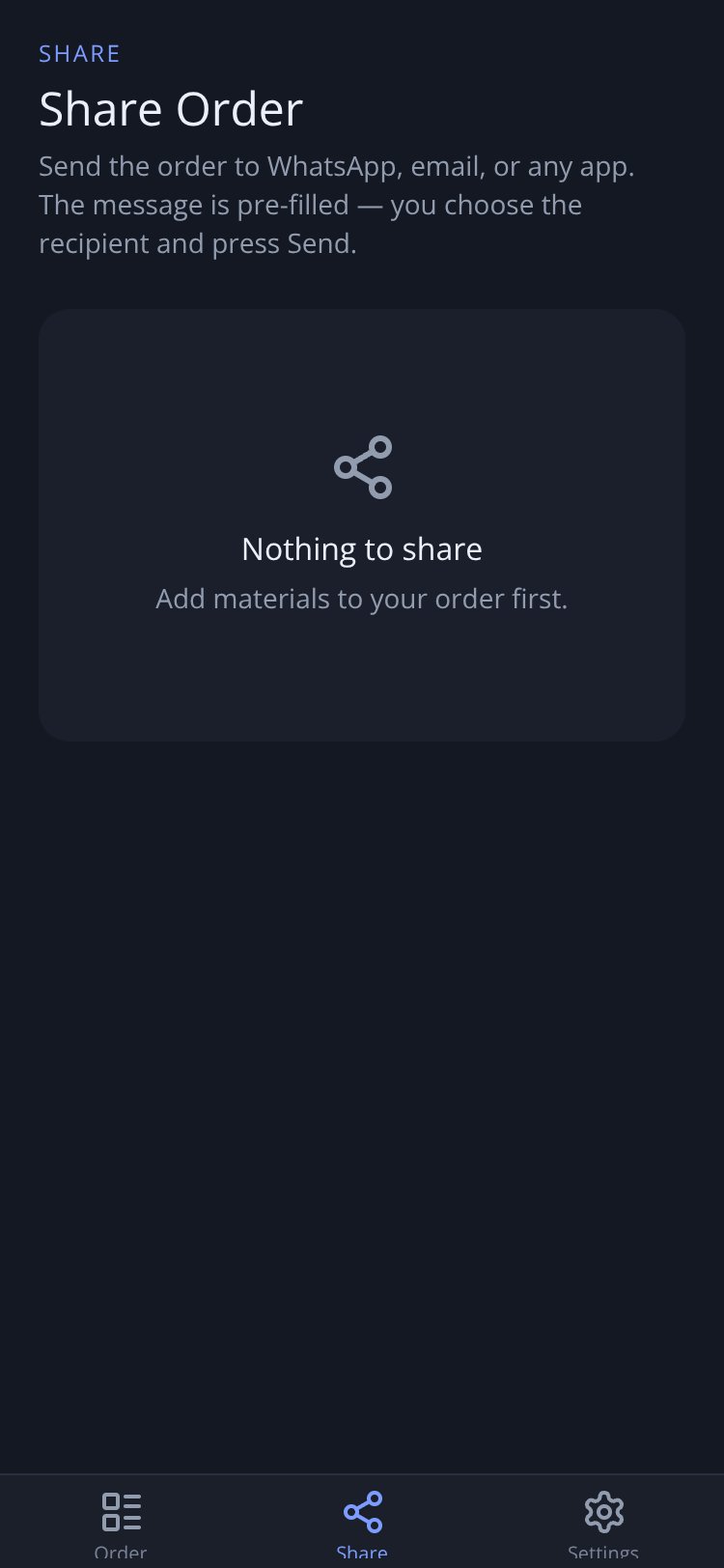Smart Material Order Builder screen 1