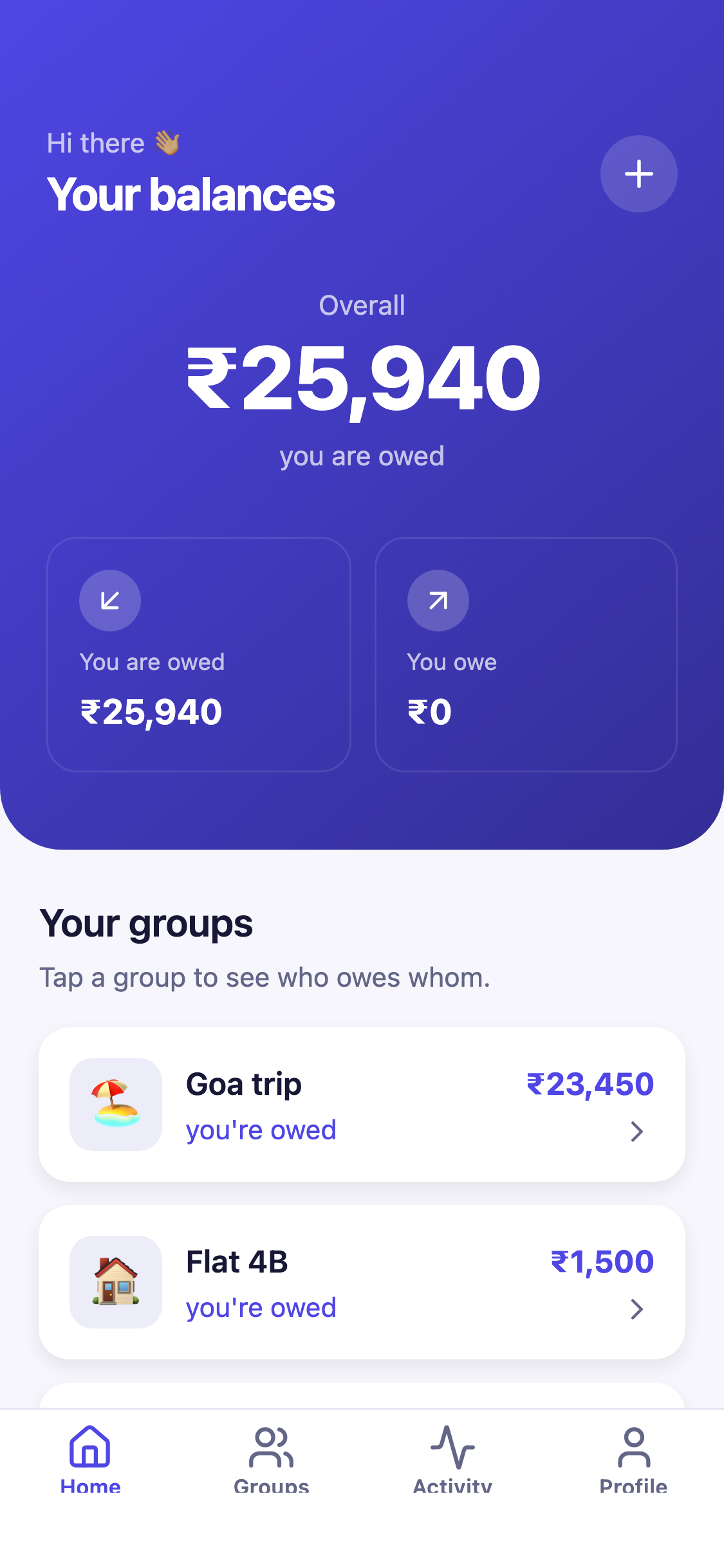 Expense splitting app in the Indigo theme