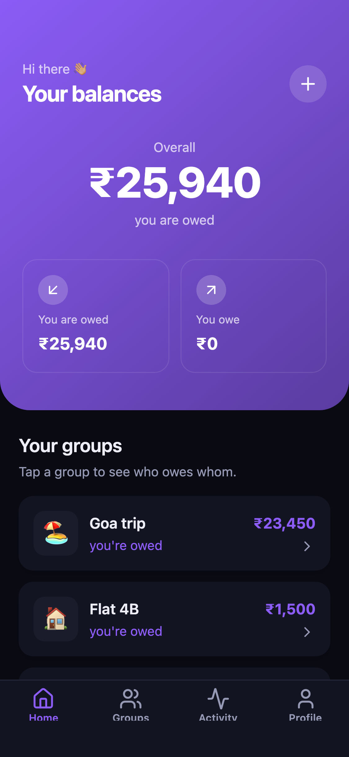 Expense splitting app in the Midnight theme