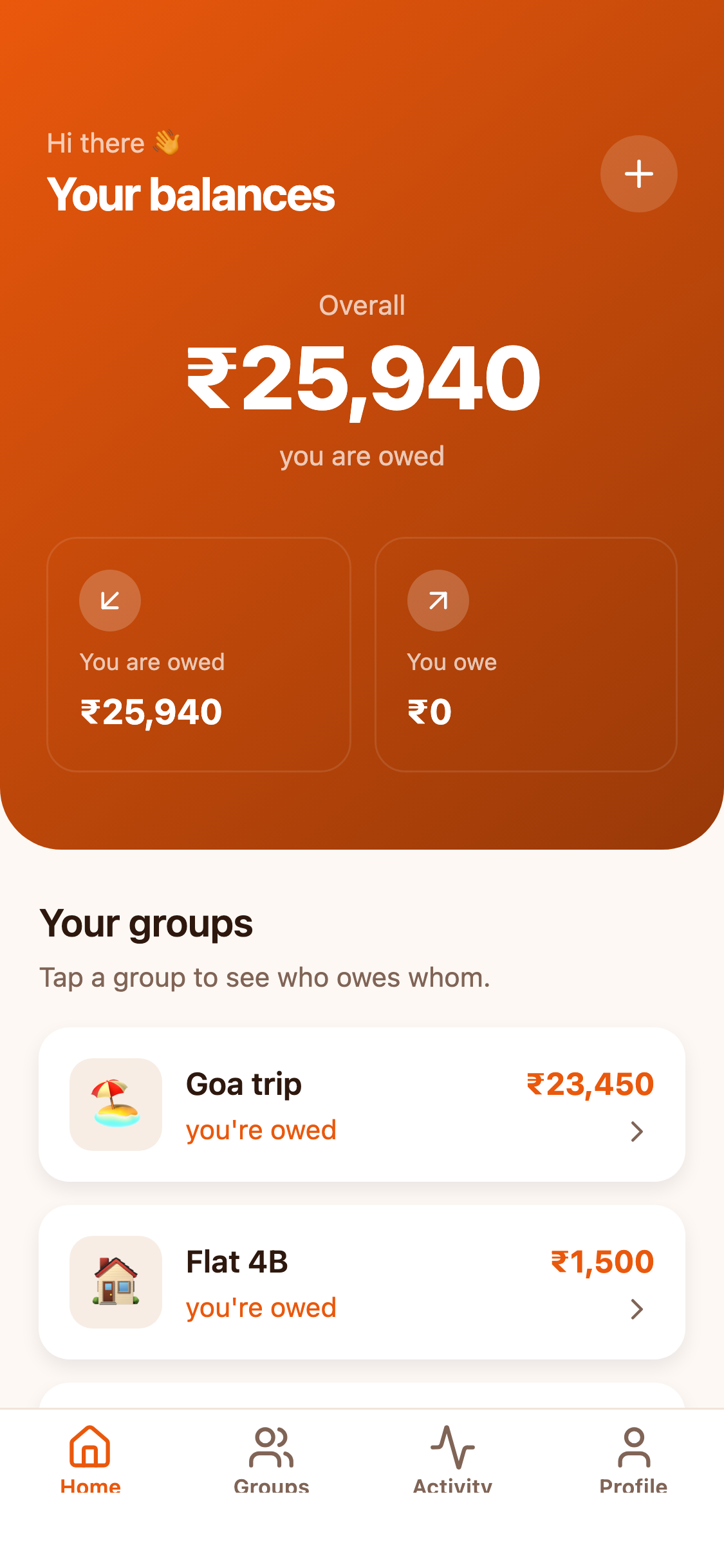 Expense splitting app in the Sunset theme