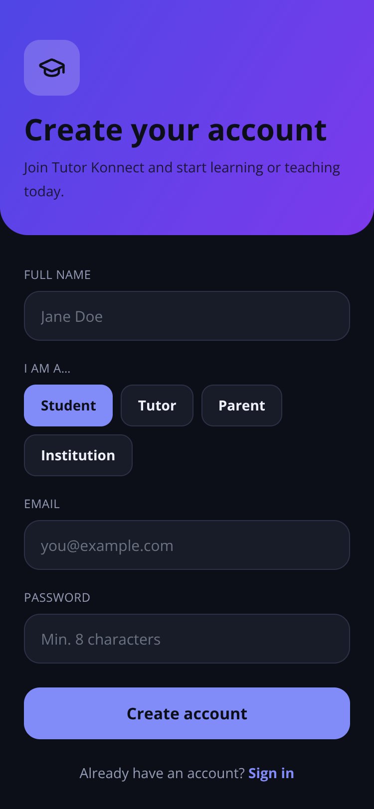 Tutor Konnect screen 1